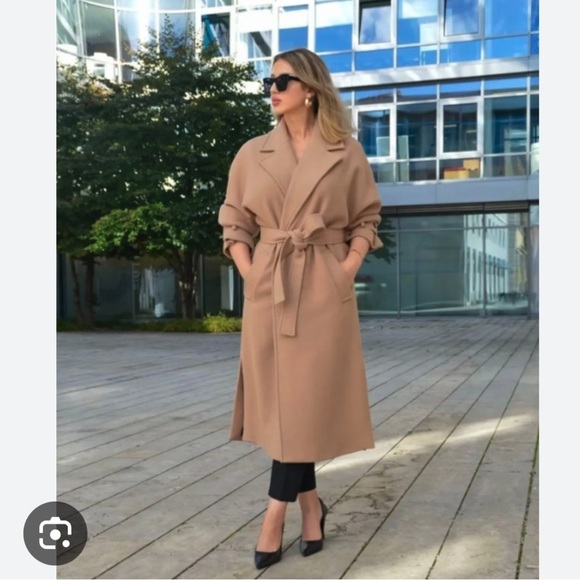 ZARA WOMEN LONG WOOL BLEND COAT TAUPE BROWN